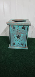 3 inch glass candle holder. Light blue copper patina finish.