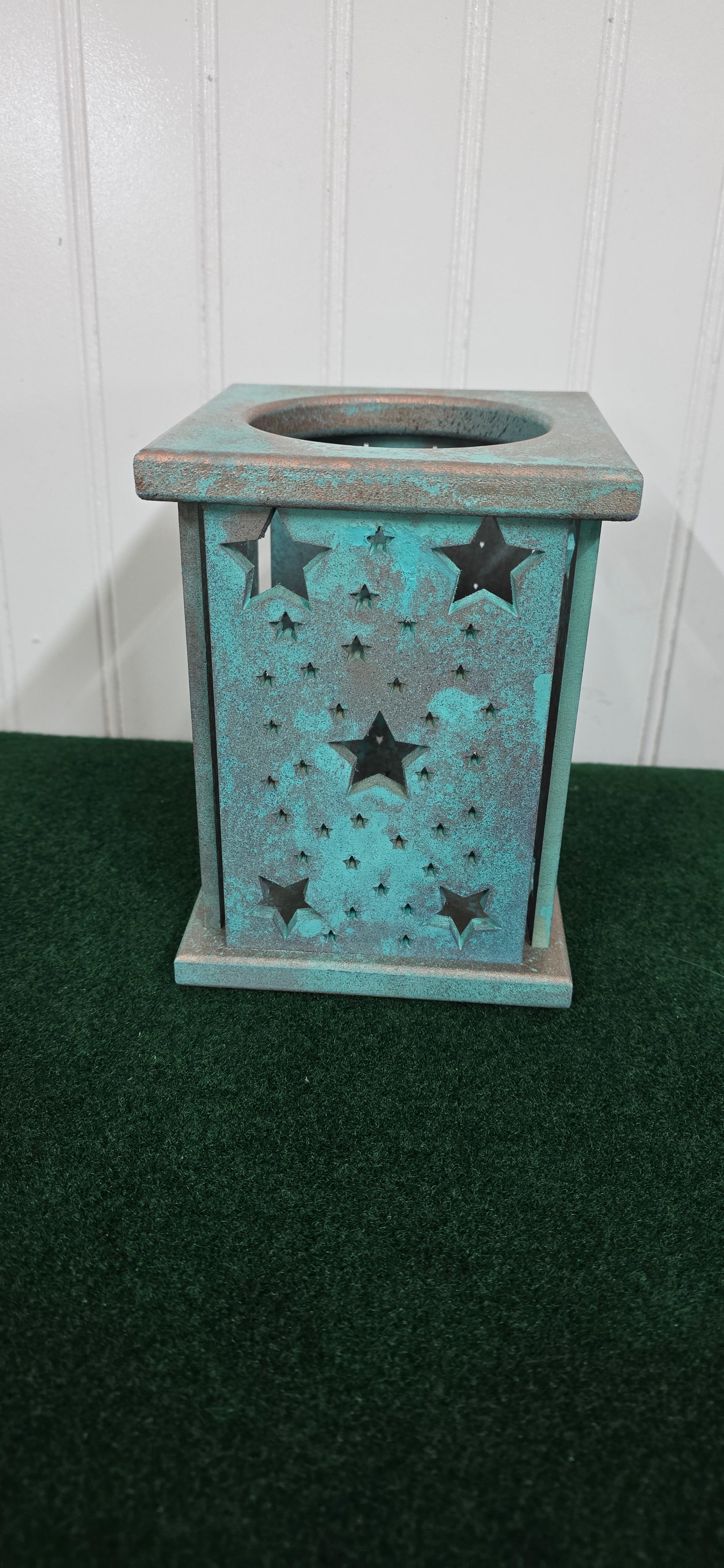 3 inch glass candle holder. Light blue copper patina finish.