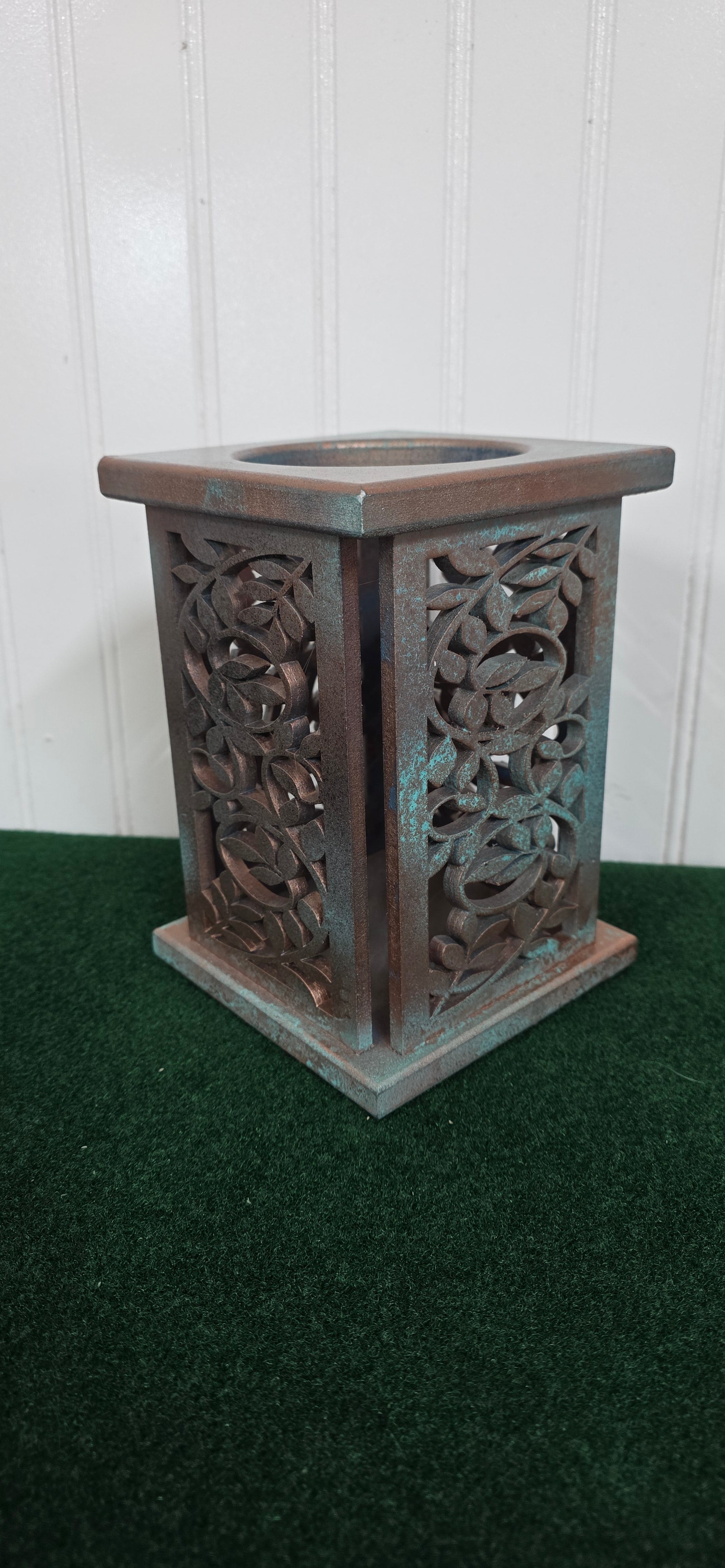 3 inch glass candle holder vines light blue copper patina finish